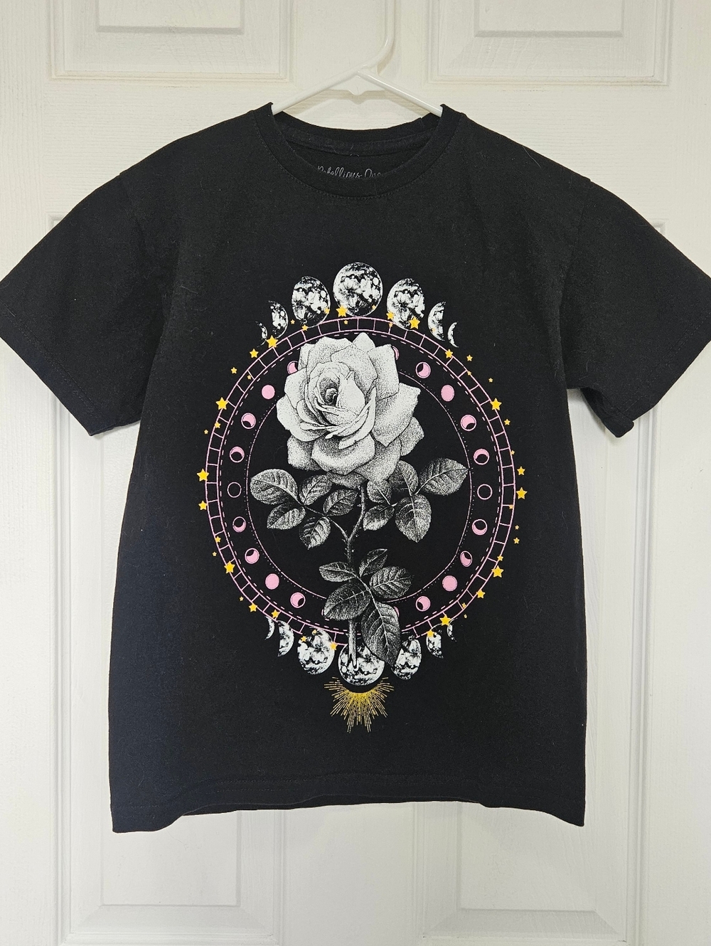 Womens Black Rose Graphic Tee with Moon Phases